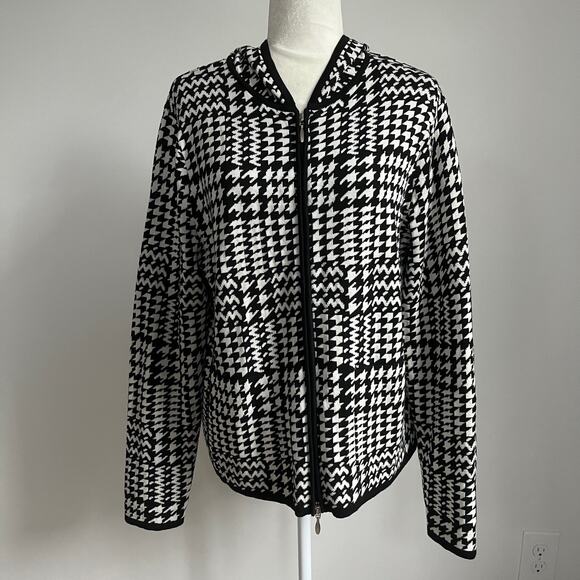 Chico's Sweaters - Chico's Black & White Houndstooth Hooded Cardigan Sweater Silk Blend Medium 12